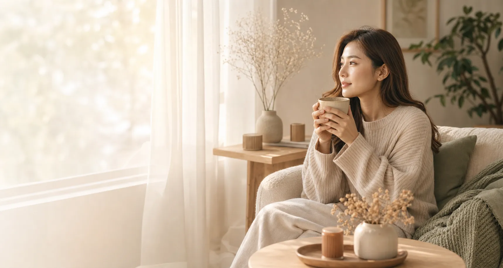 Woman holding tea in a warm wellness room